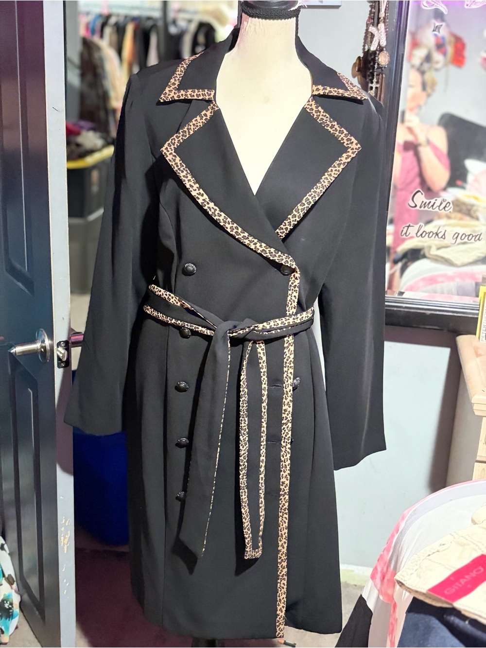 NWOT Vintage dressbarn Black & Leopard Trench Midi Jacket- 14